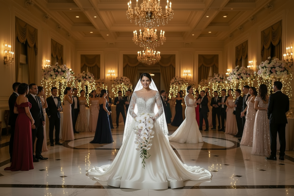 White long-sleeve bridal gown with illusion neckline and flared hem, holding bouquet