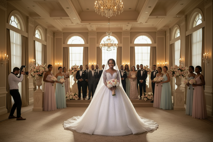 White long-sleeve bridal gown with sparkle texture, fitted bodice, and flowing A-line skirt