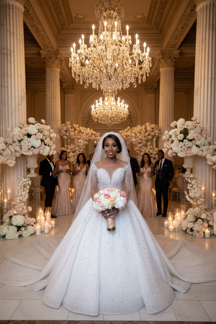 White long-sleeve bridal gown with sparkling all-over fabric and full A-line skirt