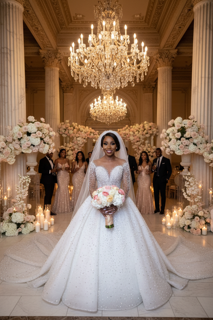 White long-sleeve bridal gown with sparkling all-over fabric and full A-line skirt