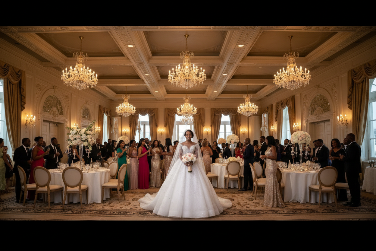 White long-sleeve bridal gown with lace bodice and wide A-line skirt, holding bouquet