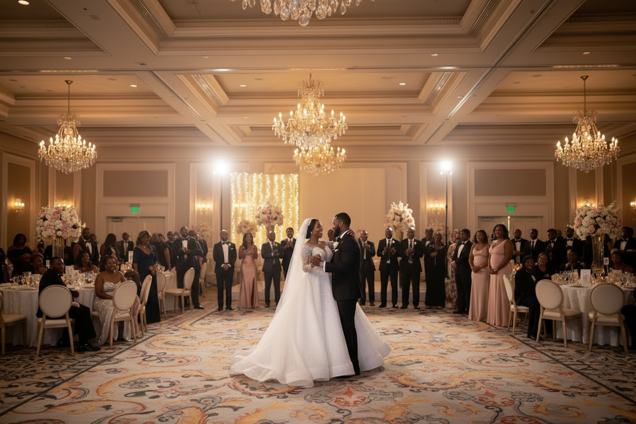 White long-sleeve bridal gown with sparkly bodice and full skirt, standing in aisle