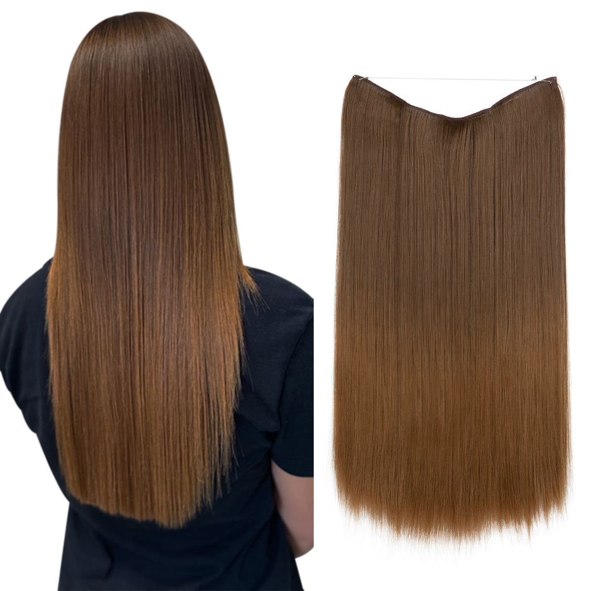 Brown straight hair extension with U-shaped weft, one-piece fishline