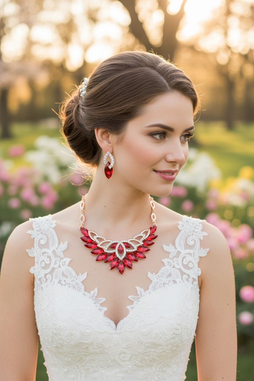 Wedding jewelry set: gold-tone necklace with red gemstone accents and matching drop earrings