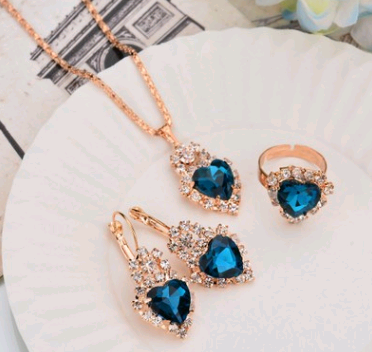 Water Drop Color Diamond Necklace, Earrings, Rings Set, Shiny High-end Bridal Jewelry