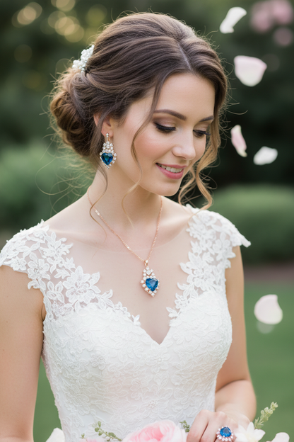 Bridal jewelry set with blue drop necklace, matching blue earrings, and blue gemstone ring
