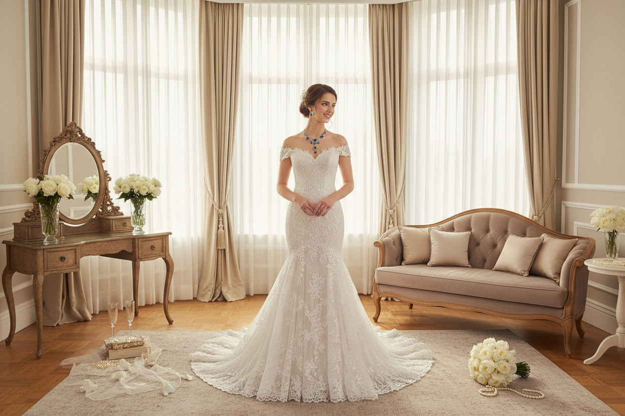 Blue love pendant necklace and drop earrings worn with lace wedding dress