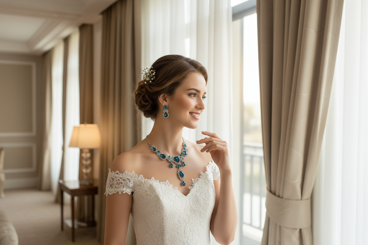 Blue teardrop pendant necklace with drop earrings, worn with lace off-shoulder dress