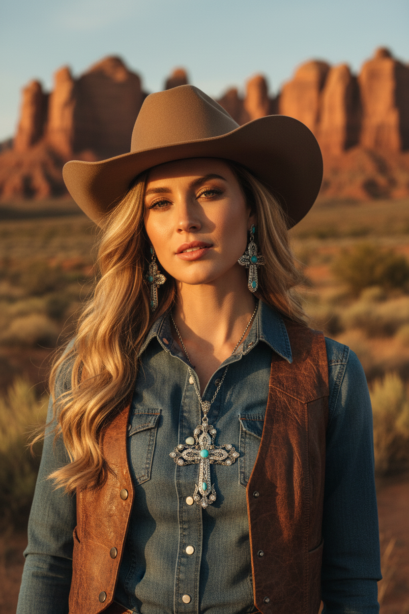 Turquoise cross pendant necklace and silver-tone dangling earrings with oval stones