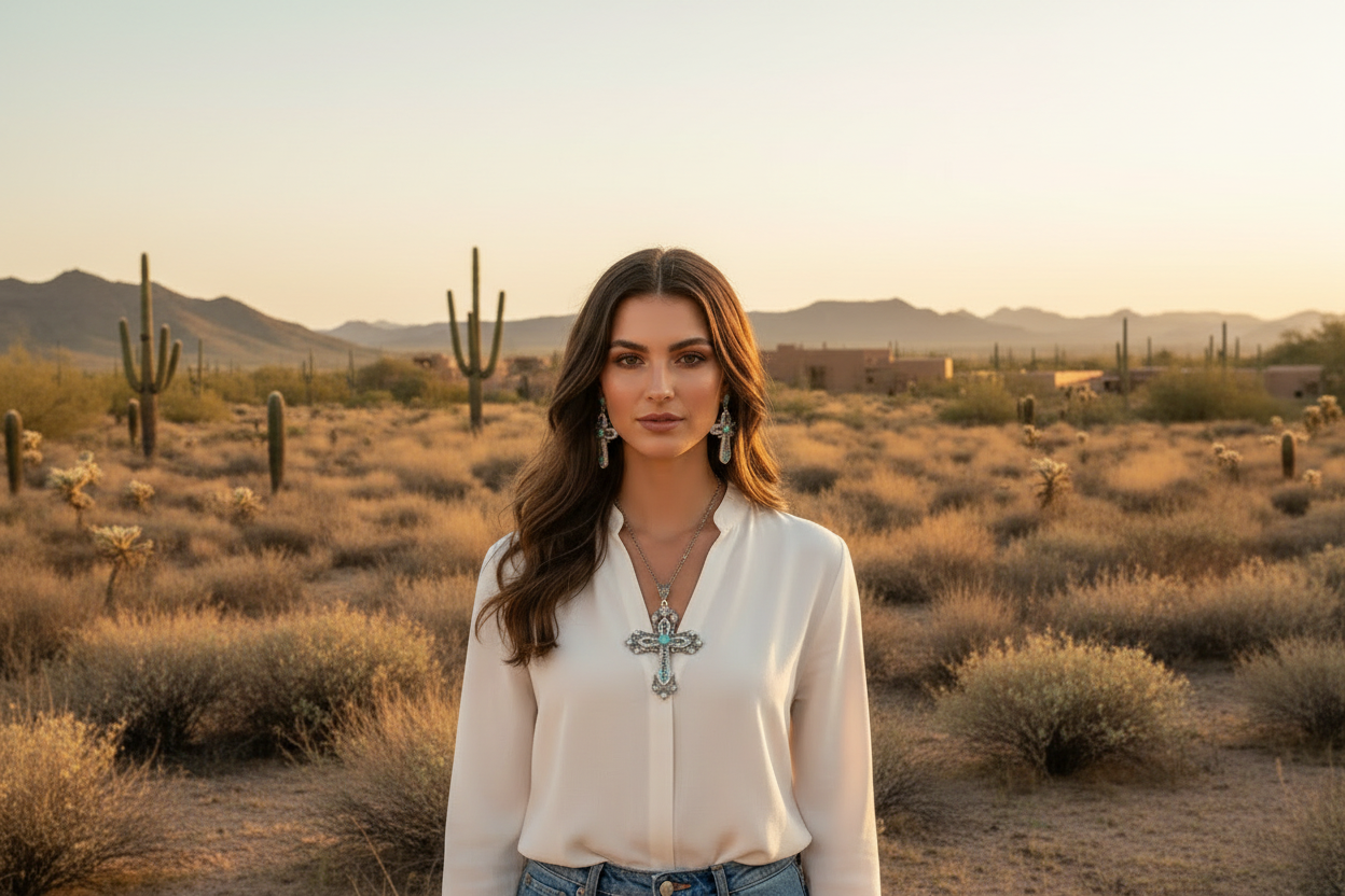 Turquoise cross necklace and drop earrings on a white top outfit