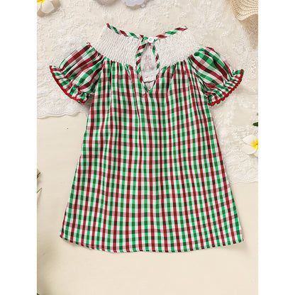 Toddler Infant Baby Girls Short Sleeve Christmas Tree Embroidered Plaid Casual Party Dresses