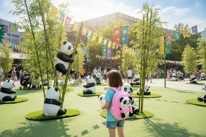 Pink plush panda children’s school bag backpack with round cartoon panda face.