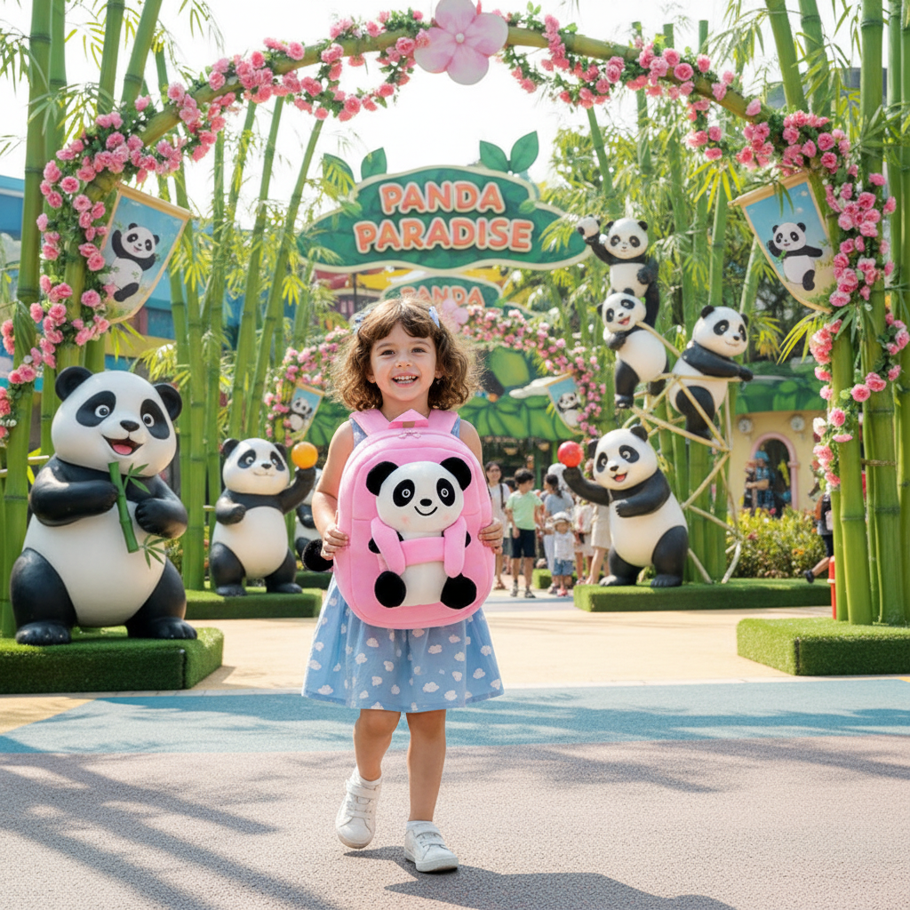 Pink plush panda children’s school bag backpack with cartoon panda face and ears.