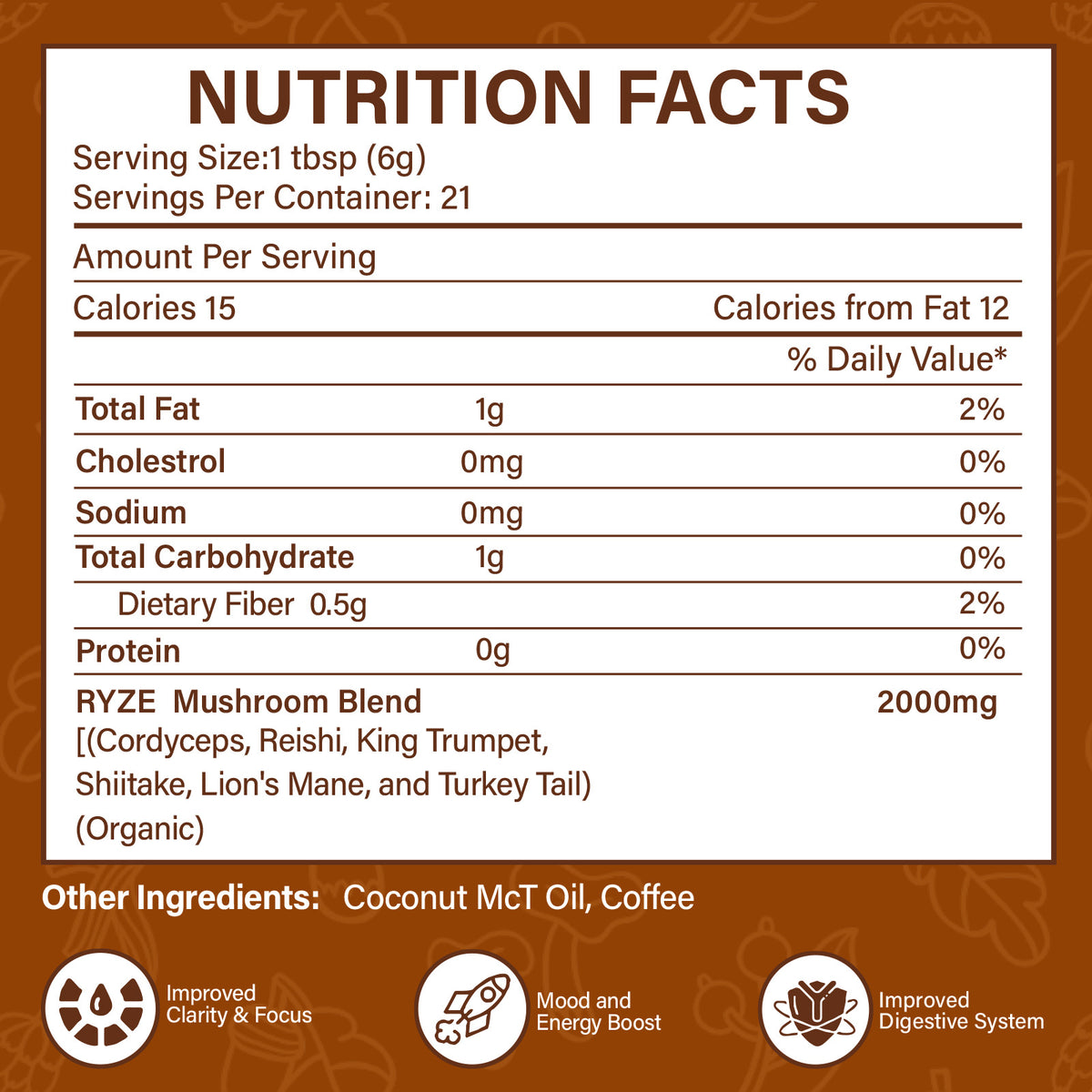 Mushroom coffee powder nutrition facts panel on package