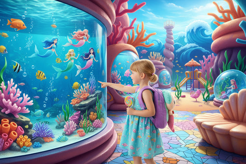 Pink kids school bag backpack with cute mermaid character on front, adjustable straps