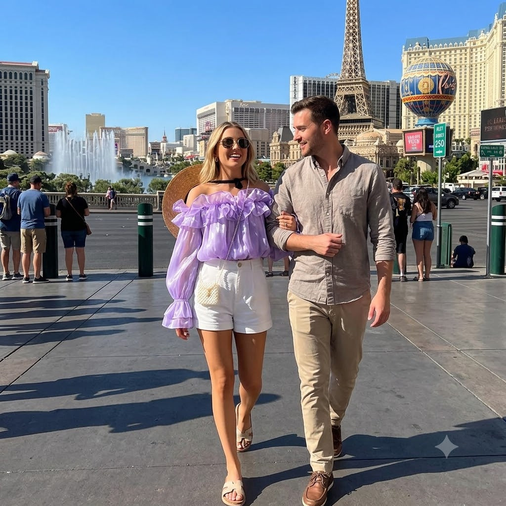 Off-shoulder chiffon blouse, lavender with wide ruffle trim at the shoulders