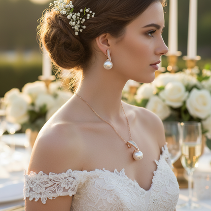 Close-up pearl necklace pendant and white drop earrings with gold-tone details
