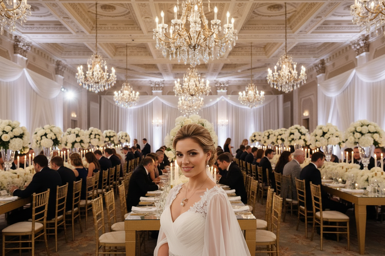 Pearl necklace and drop earrings set with shimmering stones, worn with wedding attire