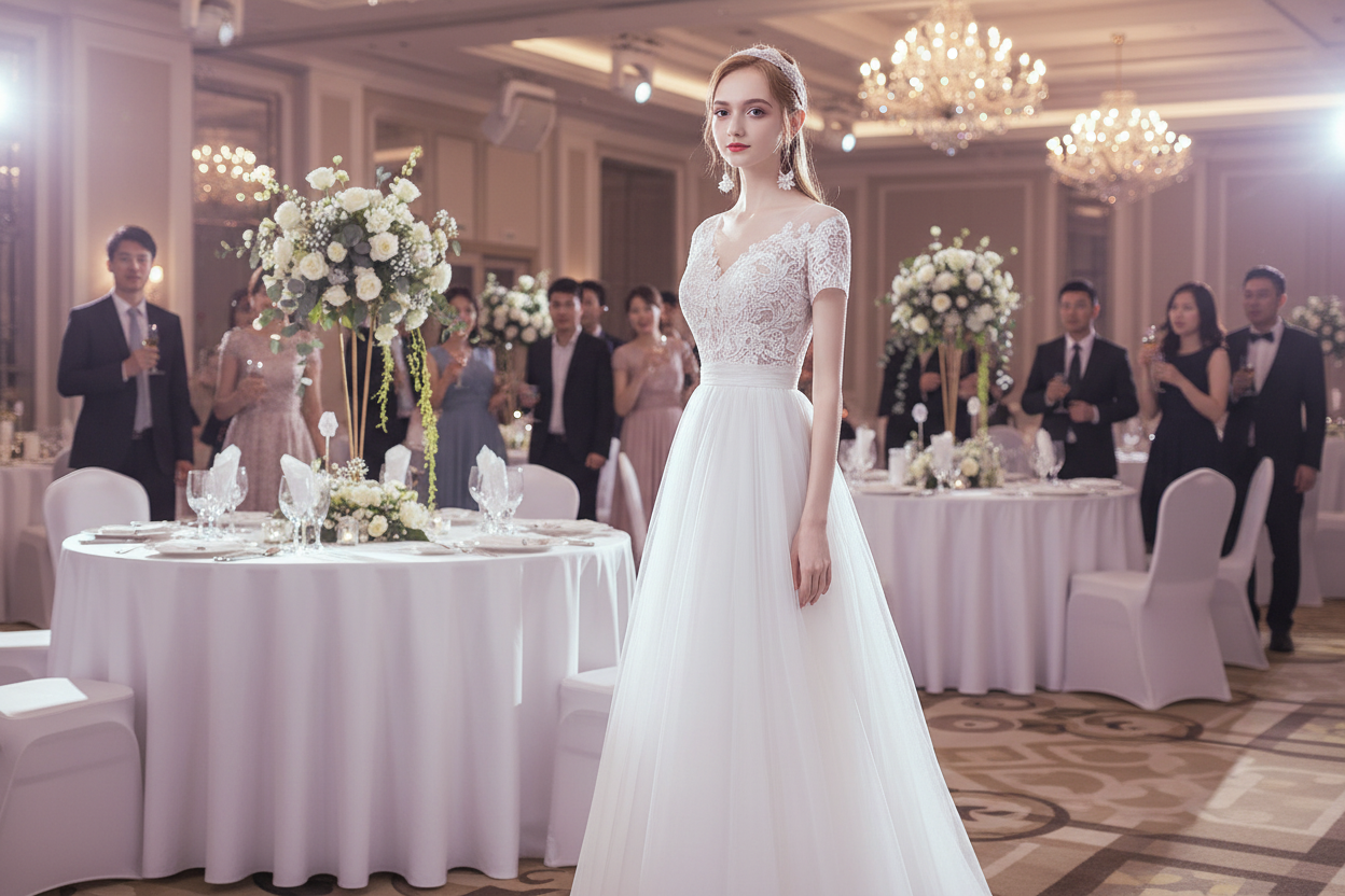 White bridal gown with lace short sleeves, fitted bodice, and flowing full skirt