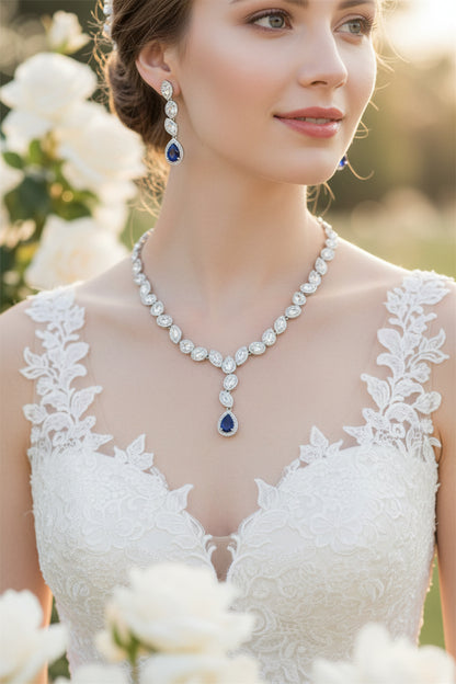 Zircon necklace and drop earrings set, silver-toned with blue center stone