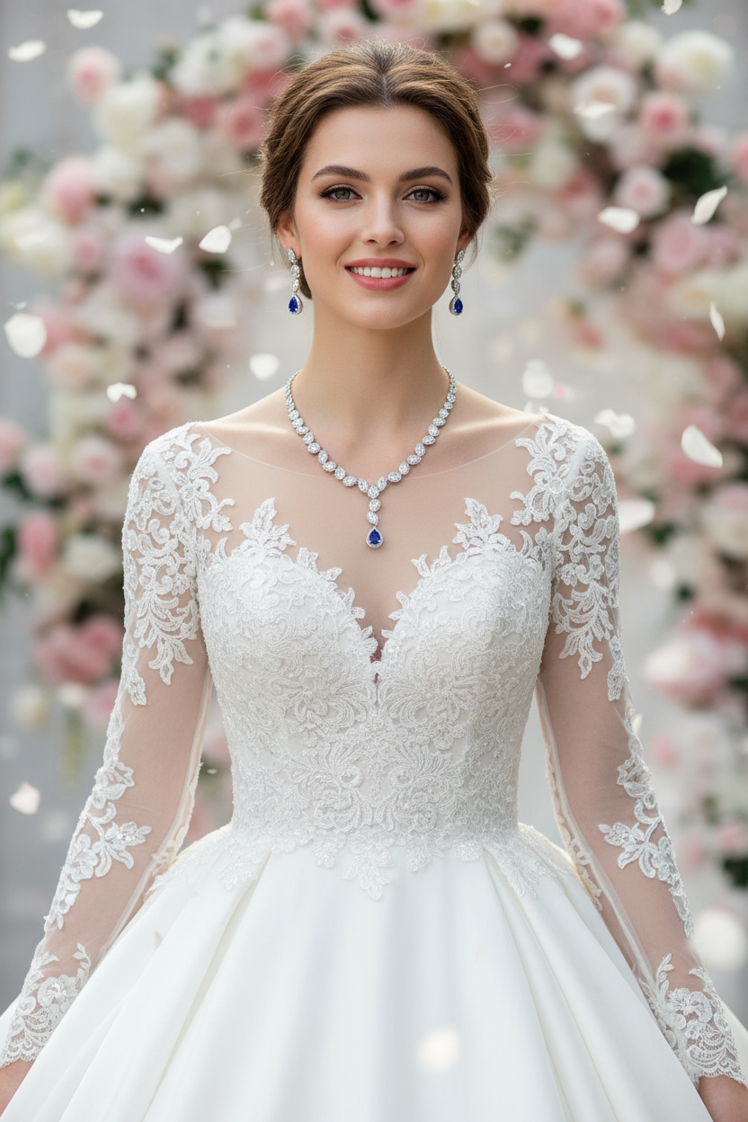 White lace wedding dress with long sleeves, zircon necklace and drop earrings