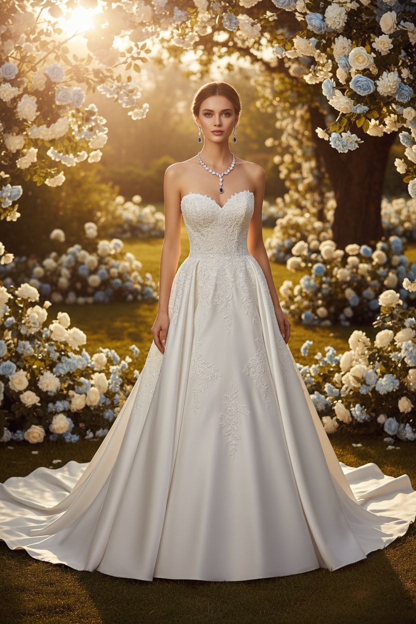 White lace strapless wedding dress with zircon necklace and drop earrings