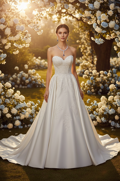 White lace strapless wedding dress with zircon necklace and drop earrings
