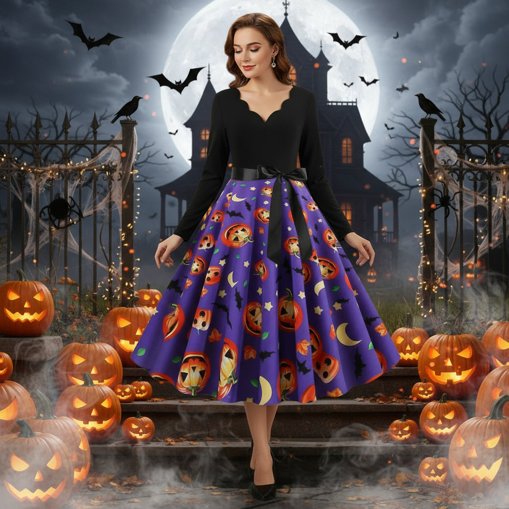 Halloween Burnt Flower V-neck Long-sleeved Sexy Print Big Swing Dress