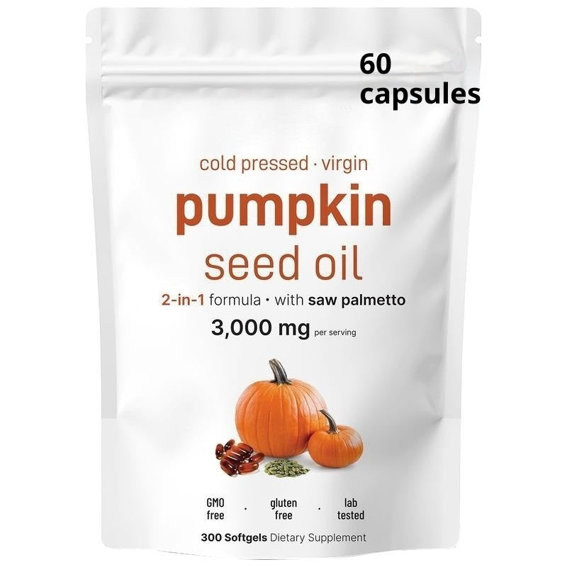 Pumpkin seed oil softgel pouch labeled 60 capsules, 300 softgels, saw palmetto 2-in-1