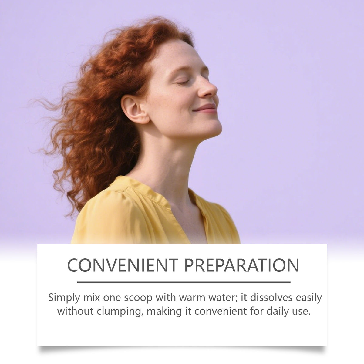 Collagen peptide powder preparation concept with side-profile woman in yellow top
