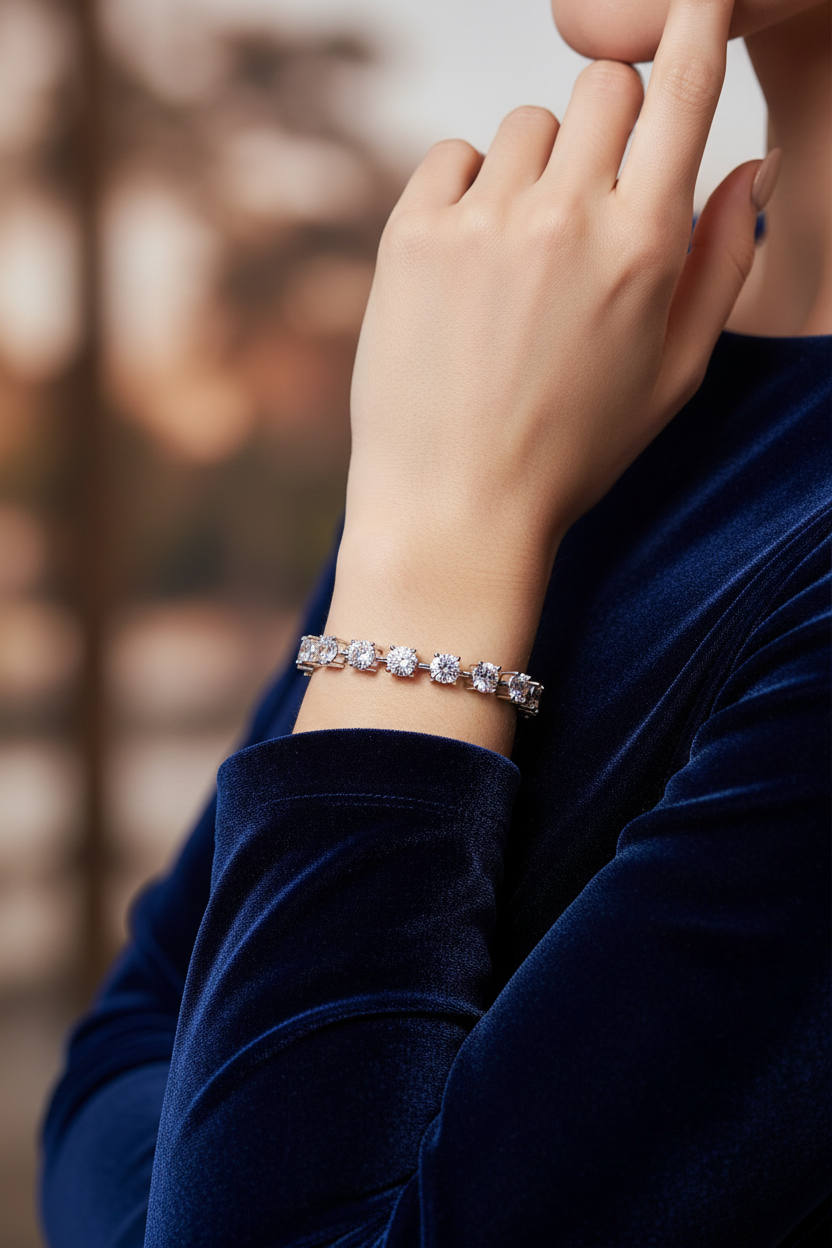 Silver bracelet with rectangular-linked diamond-style stones on wrist