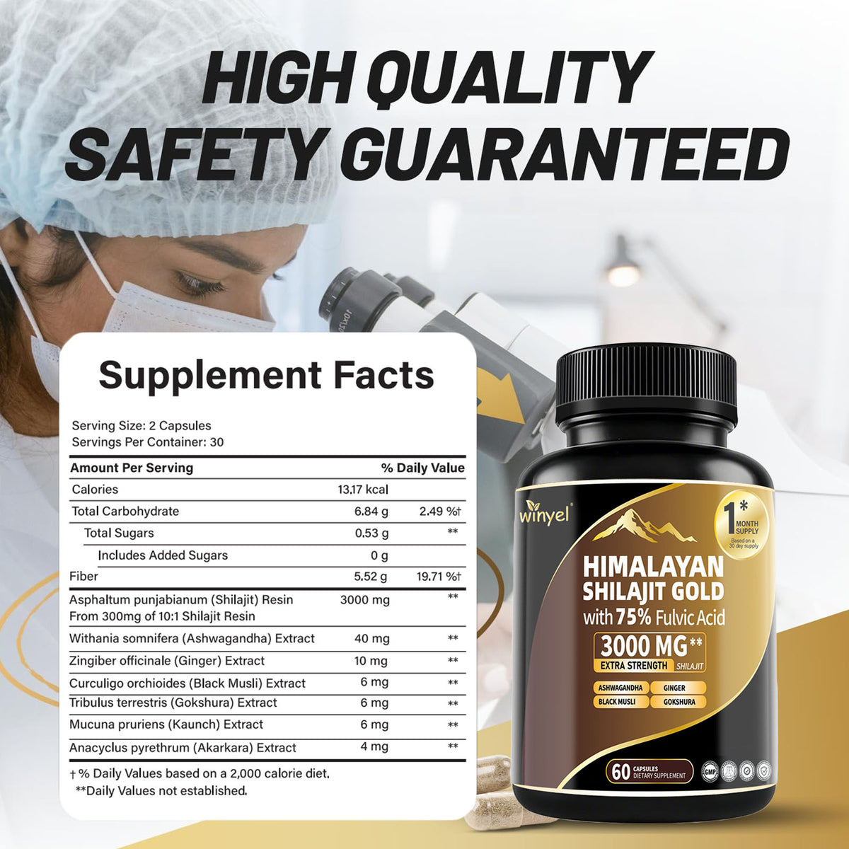 Shilajit Gold bottle with supplement facts card beside it
