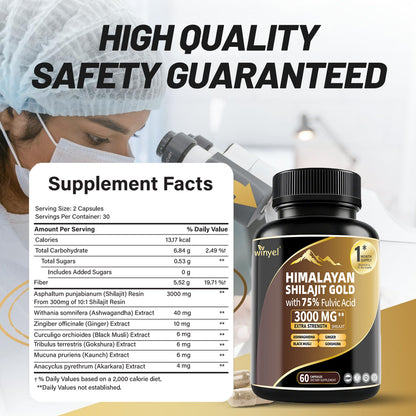 Shilajit Gold bottle with supplement facts card beside it