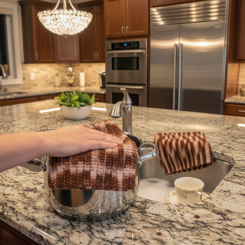 Cotton dish cloths in three-tone brown, plaid weave, folded and stacked