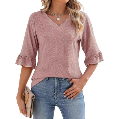 Women’s textured V-neck ruffle-sleeve top in dusty rose, with flared cuff sleeves