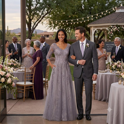 Lavender-gray long evening gown with beaded bodice, V-neck, and fitted skirt