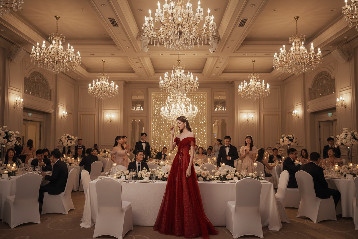 Wine red one-shoulder gauze bridesmaid dress with cinched waist and flowing full skirt