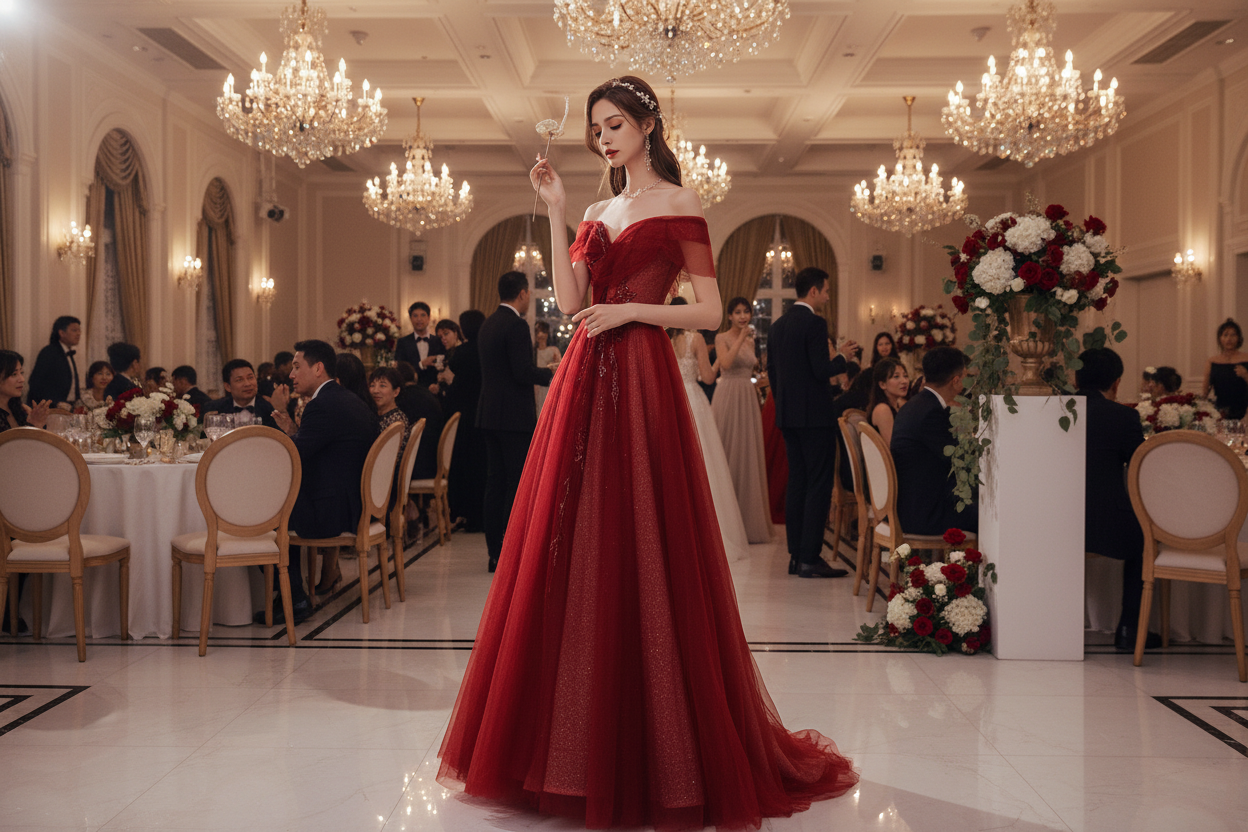 Wine red one-shoulder tulle bridesmaid dress with fitted waist and flowing A-line skirt