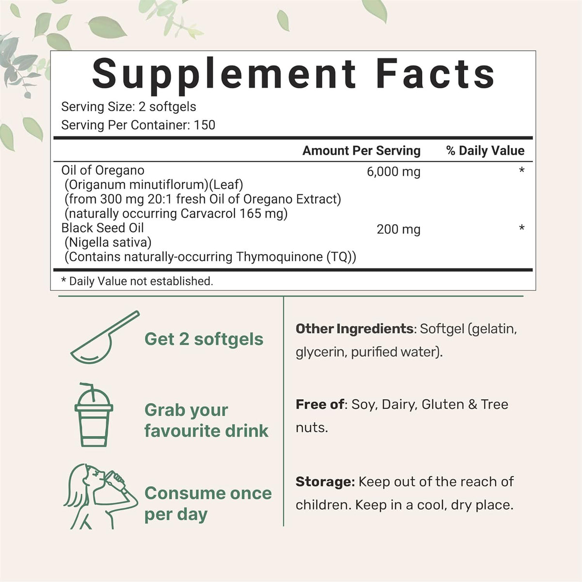 Supplement Facts label for oregano oil and black seed oil softgels