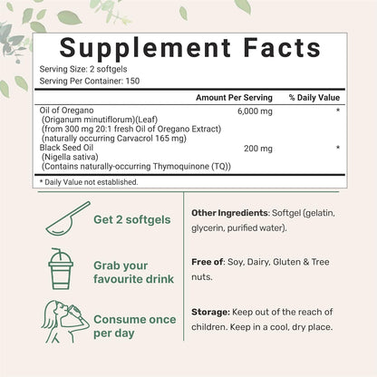 Supplement Facts label for oregano oil and black seed oil softgels