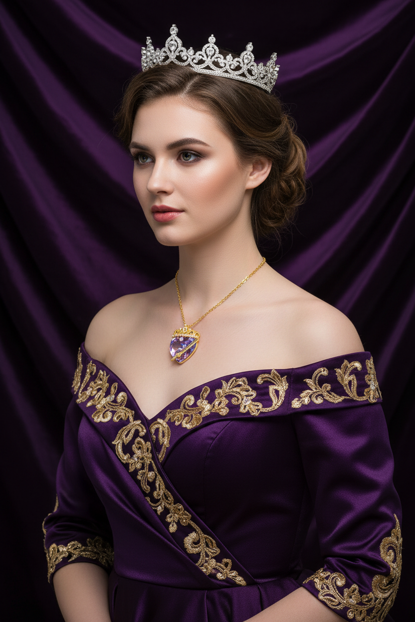 Gold-tone queen crown heart pendant necklace with purple-blue crystal on chain