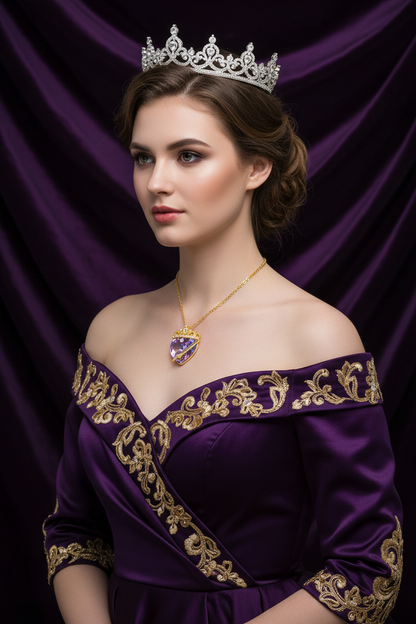 Gold-tone queen crown heart pendant necklace with purple-blue crystal on chain