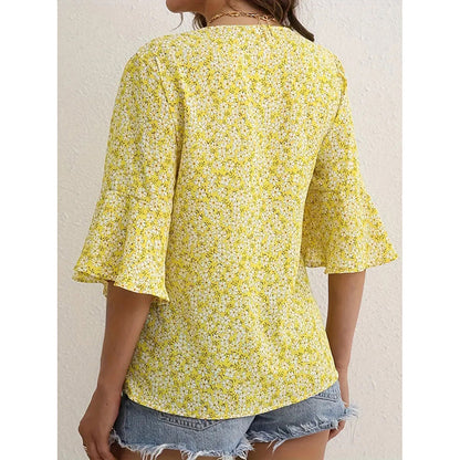 Womens Summer Floral Print Blouses V-Neck Flare Sleeve Tops Dressy Casual T-Shirts