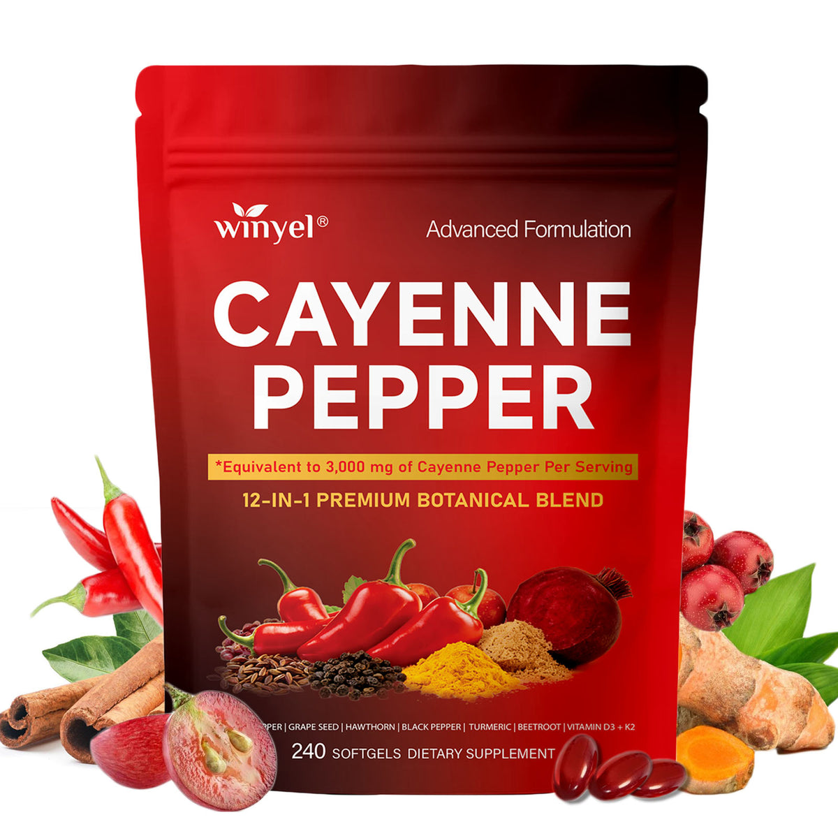 Cayenne Pepper supplement pouch with botanicals around it, red bag and bold label.