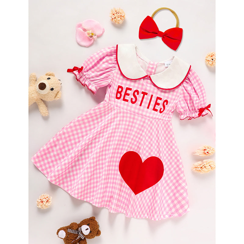 Sweet Baby Toddler Girl's Short Sleeve Letter Heart Print Doll Collar Dress With Matching Headband