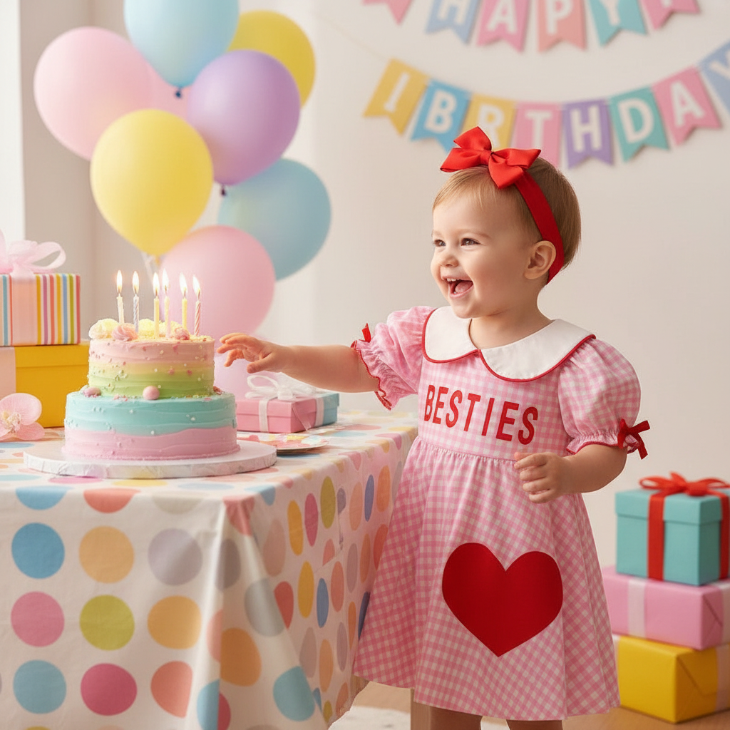 Sweet Baby Toddler Girl's Short Sleeve Letter Heart Print Doll Collar Dress With Matching Headband