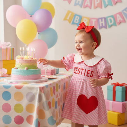 Sweet Baby Toddler Girl's Short Sleeve Letter Heart Print Doll Collar Dress With Matching Headband