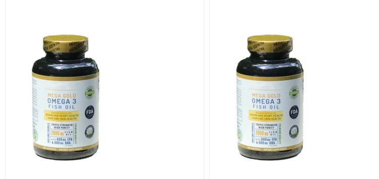 Fish oil softgel bottle shown front and back with gold cap