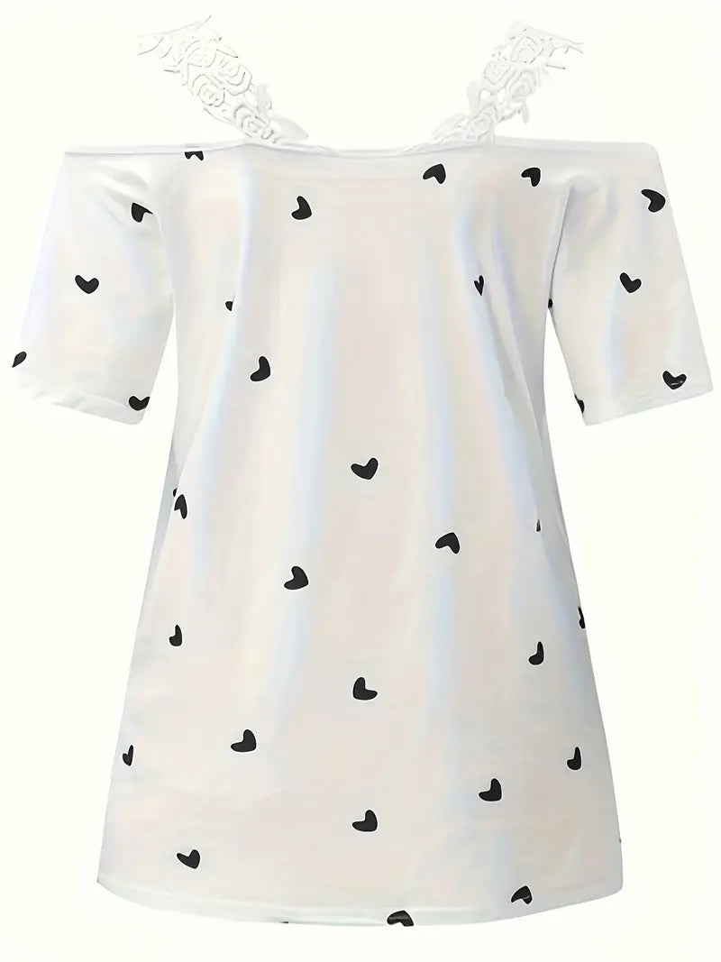 New Short-sleeved Lace Heart Print T-shirt Women's Top