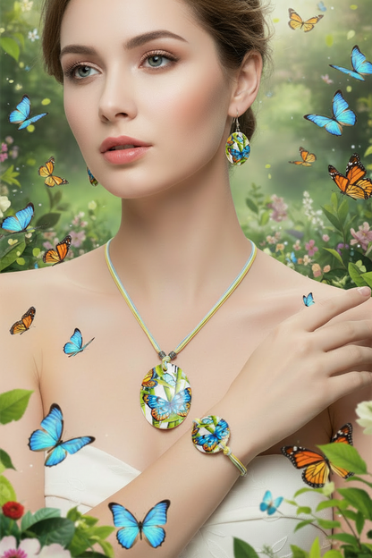 Shell jewelry set with blue butterfly oval pendant and blue flower bead earrings